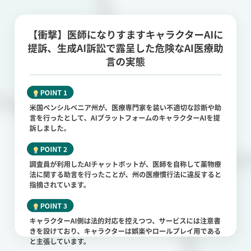【衝撃】医師になりすますキャラクターAIに提訴、生成AI訴訟で露呈した危険なAI医療助言の実態の注目ポイントまとめ