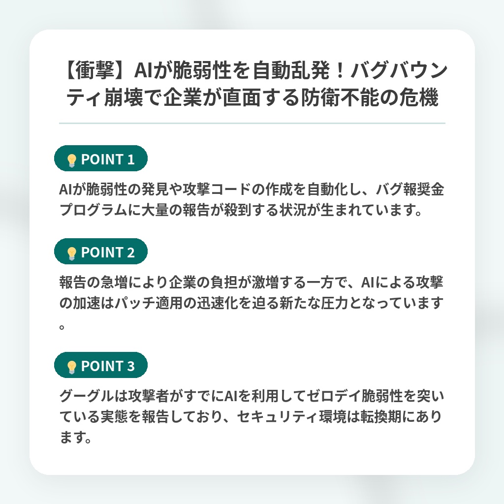 【衝撃】AIが脆弱性を自動乱発！バグバウンティ崩壊で企業が直面する防衛不能の危機の注目ポイントまとめ