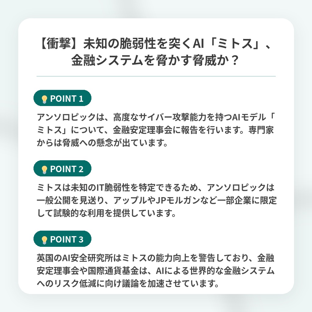 【衝撃】未知の脆弱性を突くAI「ミトス」、金融システムを脅かす脅威か?の注目ポイントまとめ