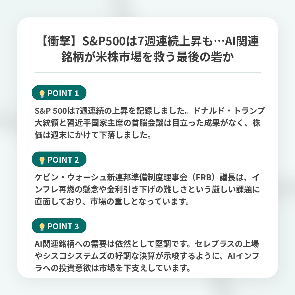 【衝撃】S&P500は7週連続上昇も…AI関連銘柄が米株市場を救う最後の砦かの注目ポイントまとめ