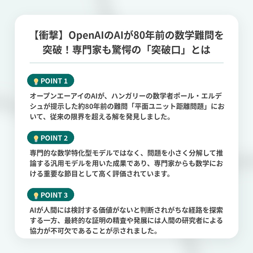 【衝撃】OpenAIのAIが80年前の数学難問を突破!専門家も驚愕の「突破口」とはの注目ポイントまとめ