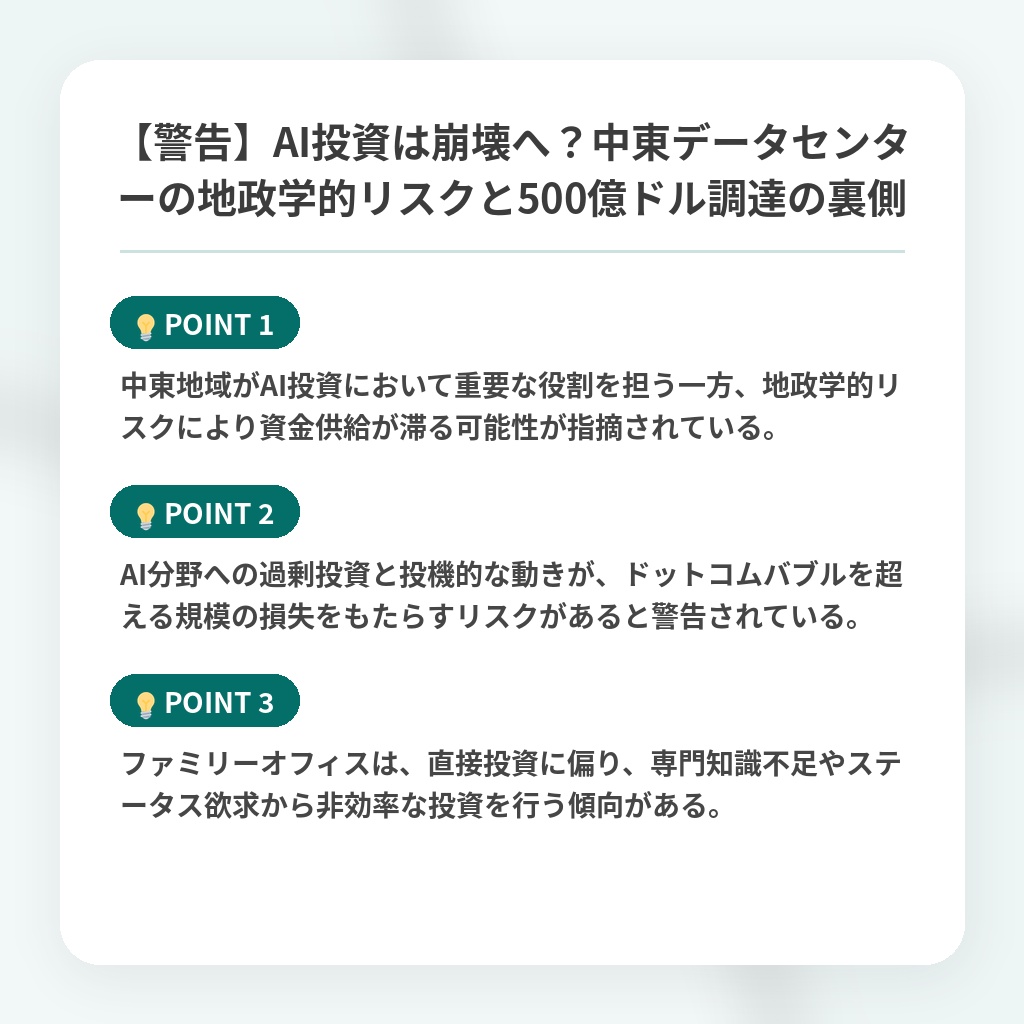 【警告】AI投資は崩壊へ？中東データセンターの地政学的リスクと500億ドル調達の裏側の注目ポイントまとめ