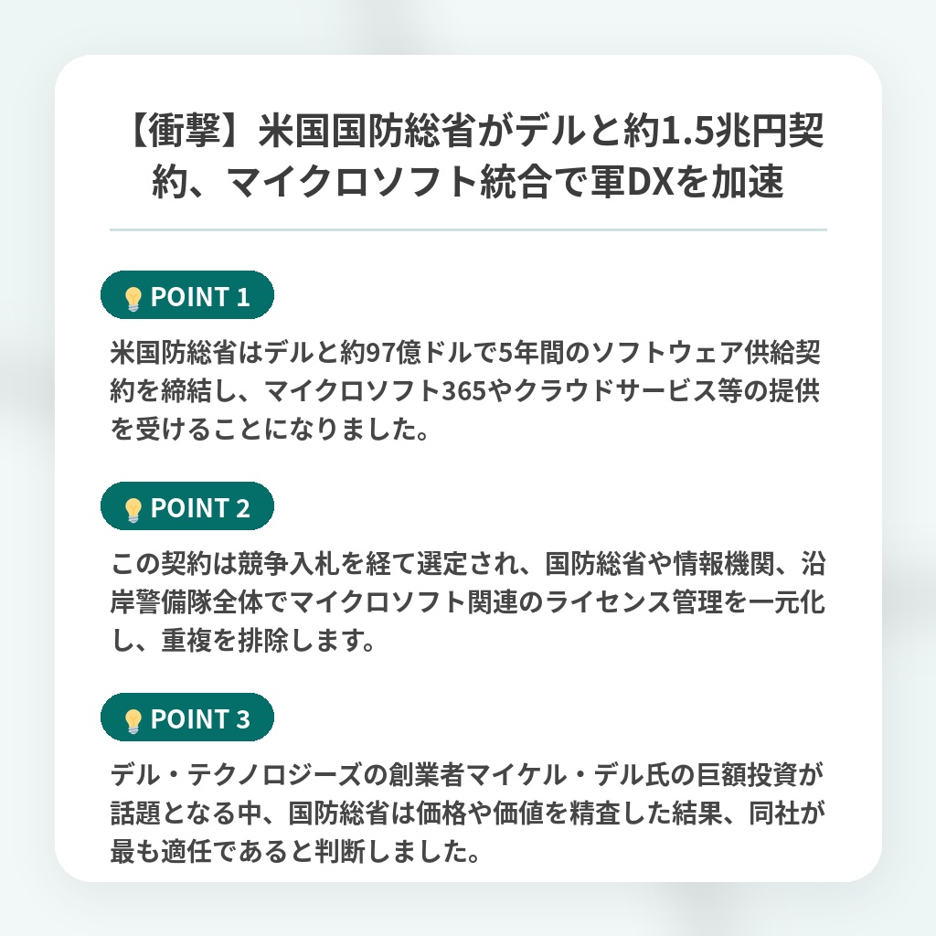 【衝撃】米国国防総省がデルと約1.5兆円契約、マイクロソフト統合で軍DXを加速の注目ポイントまとめ
