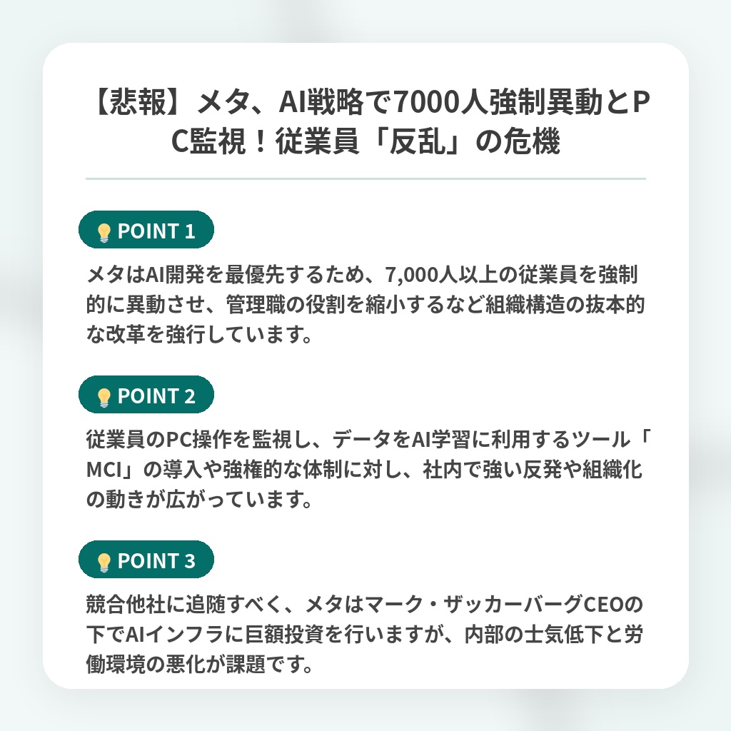 【悲報】メタ、AI戦略で7000人強制異動とPC監視！従業員「反乱」の危機の注目ポイントまとめ