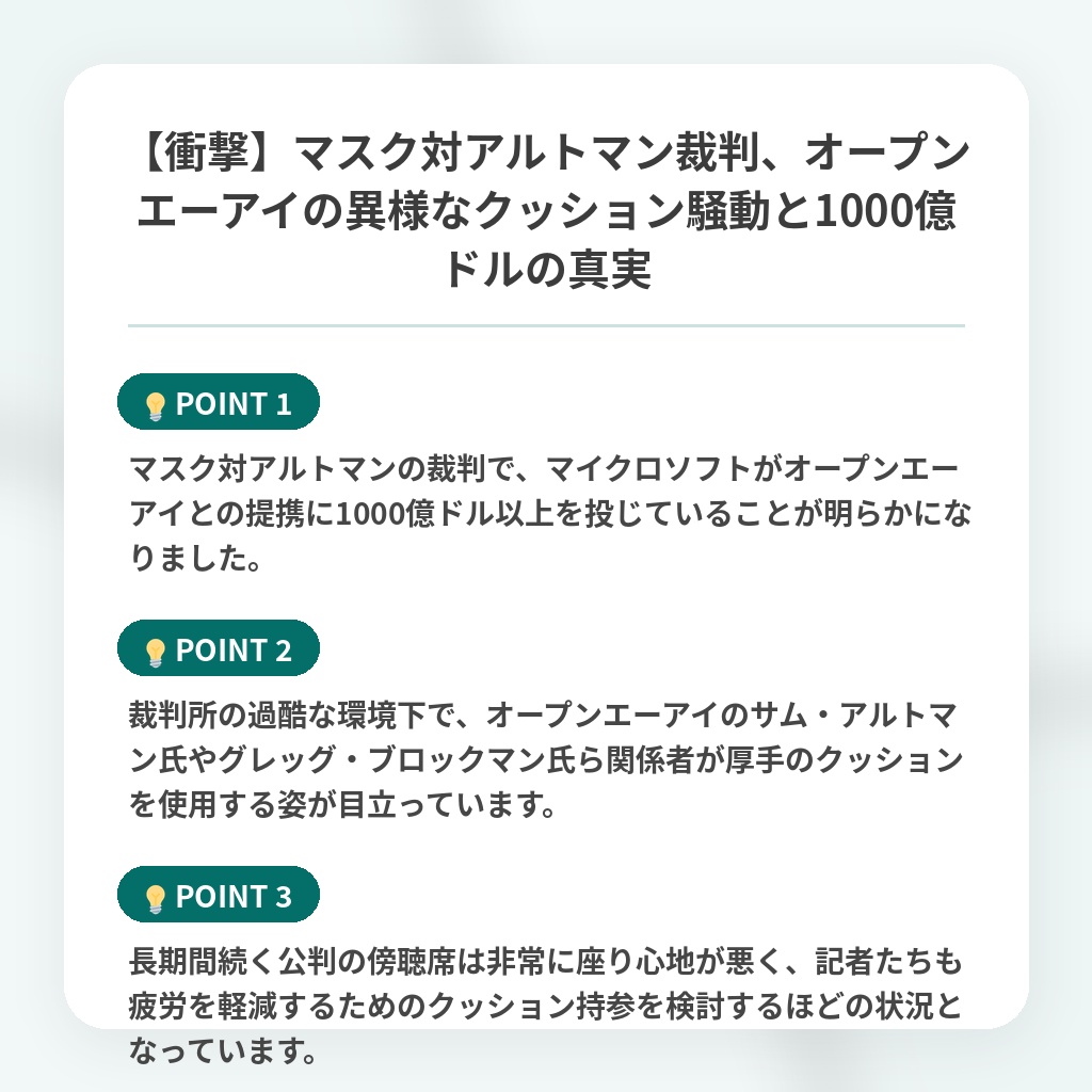 【衝撃】マスク対アルトマン裁判、オープンエーアイの異様なクッション騒動と1000億ドルの真実の注目ポイントまとめ