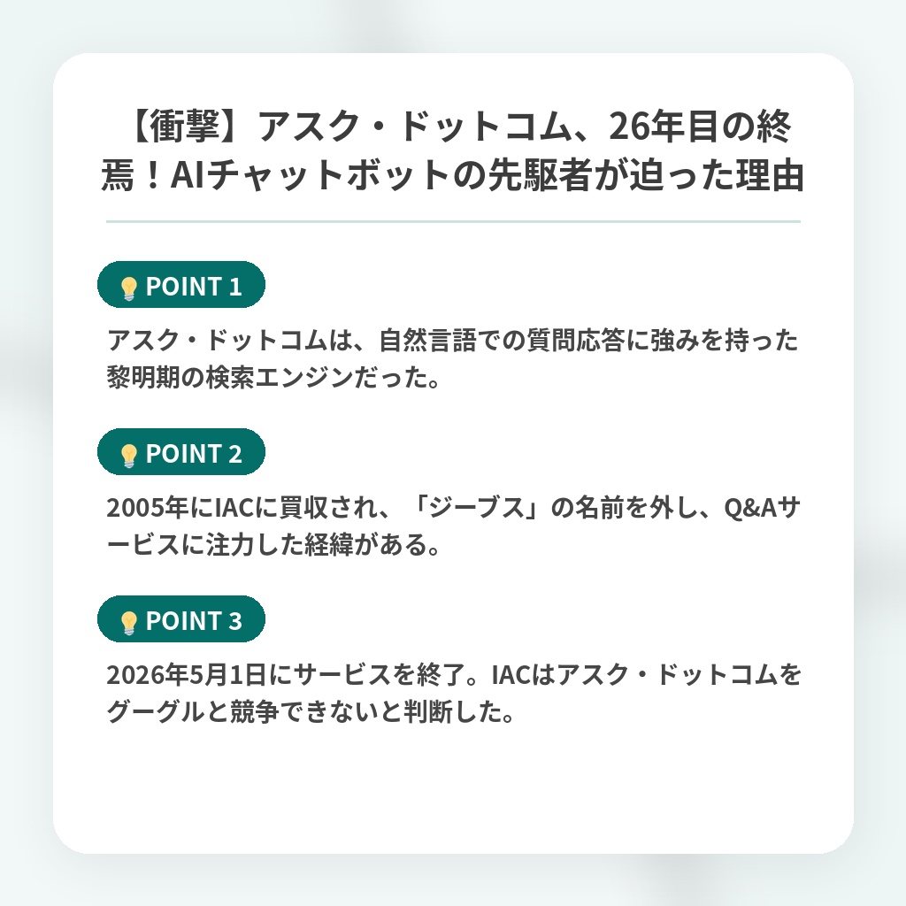 【衝撃】アスク・ドットコム、26年目の終焉！AIチャットボットの先駆者が迫った理由の注目ポイントまとめ
