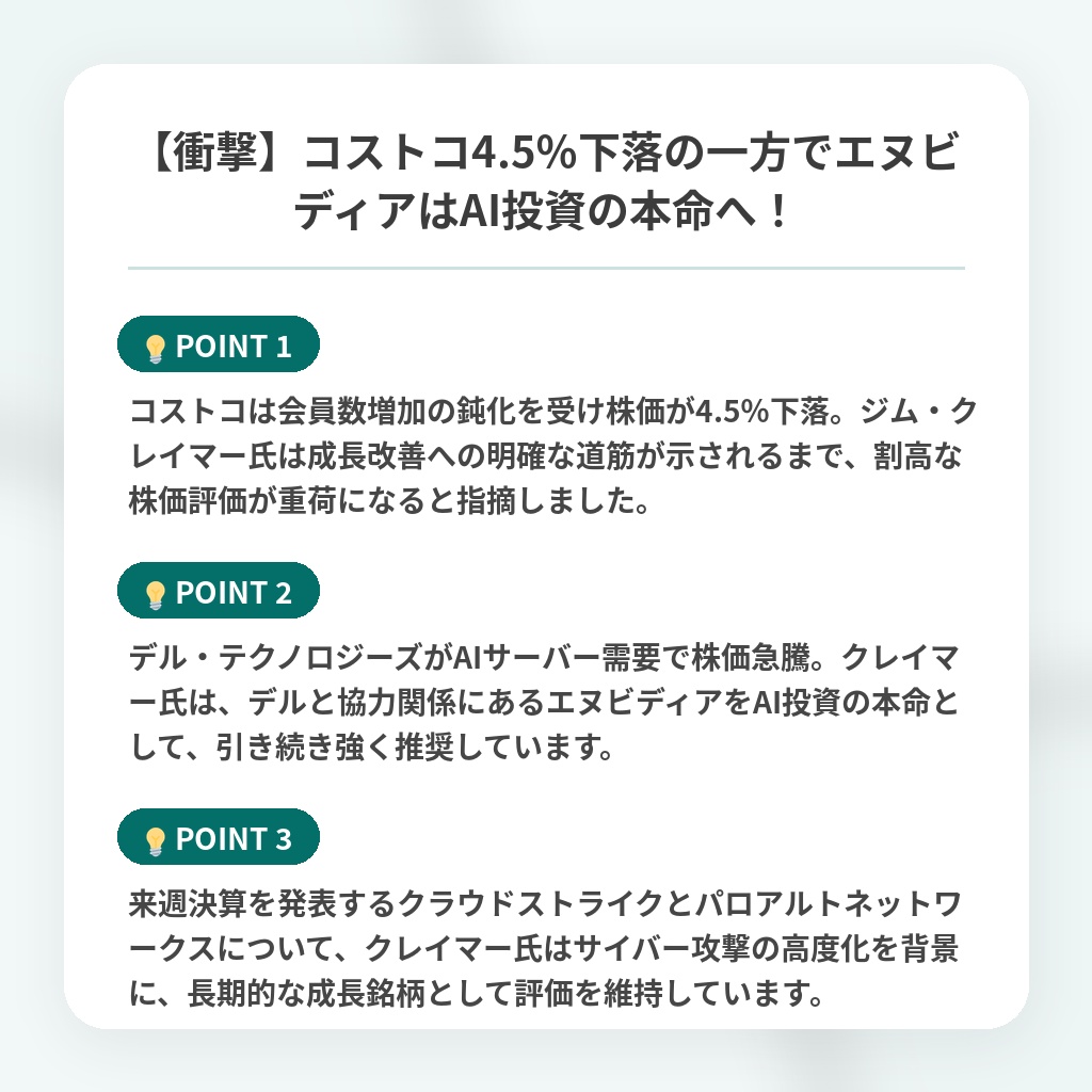 【衝撃】コストコ4.5％下落の一方でエヌビディアはAI投資の本命へ！の注目ポイントまとめ