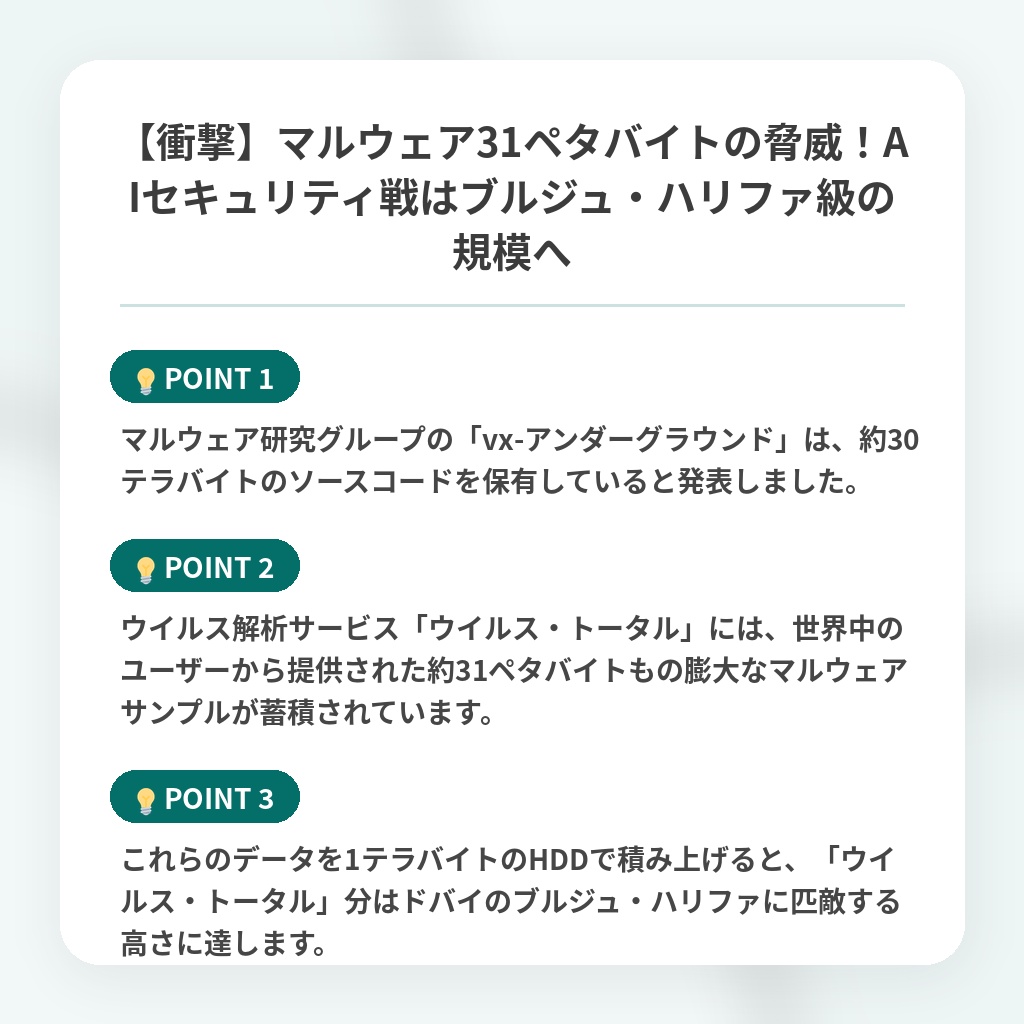 【衝撃】マルウェア31ペタバイトの脅威!AIセキュリティ戦はブルジュ・ハリファ級の規模への注目ポイントまとめ