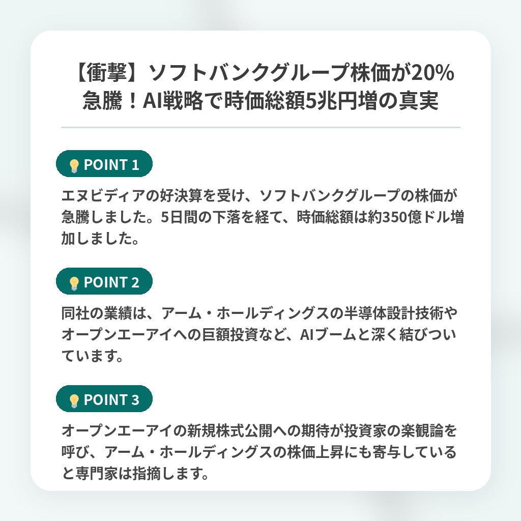 【衝撃】ソフトバンクグループ株価が20%急騰！AI戦略で時価総額5兆円増の真実の注目ポイントまとめ