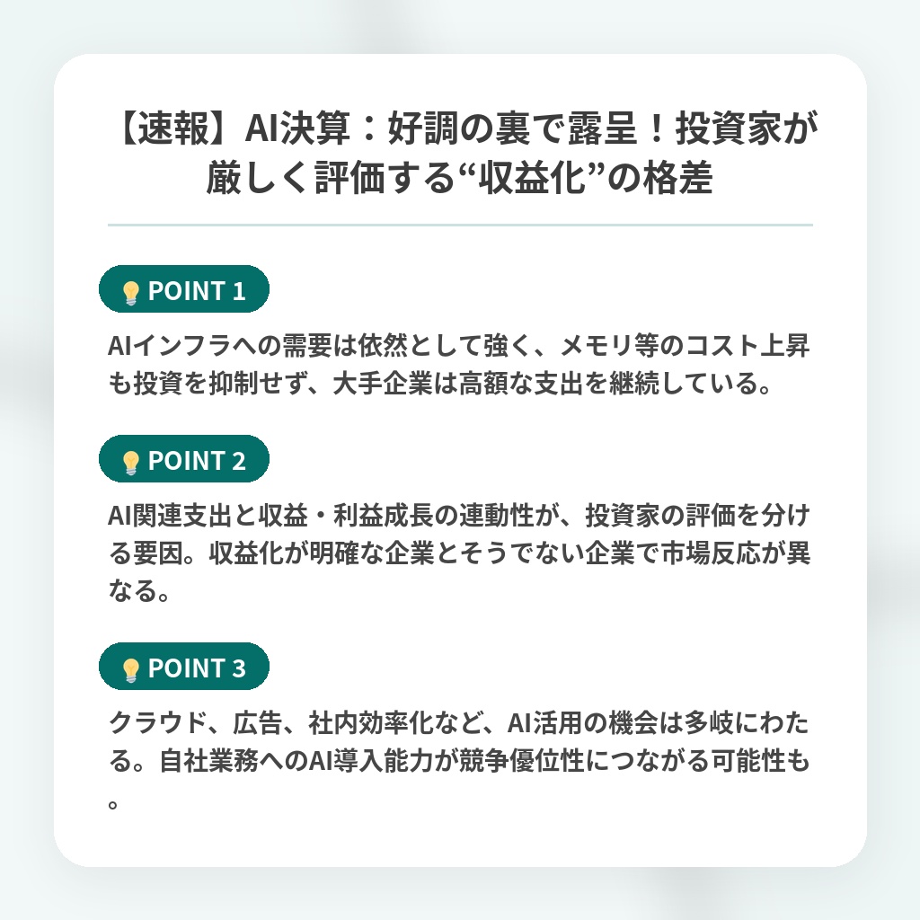 【速報】AI決算：好調の裏で露呈！投資家が厳しく評価する“収益化”の格差の注目ポイントまとめ