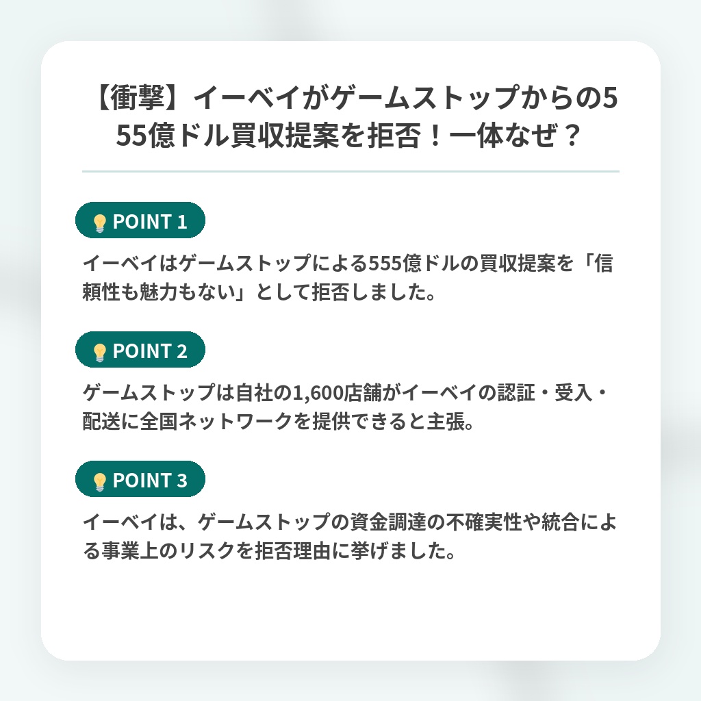 【衝撃】イーベイがゲームストップからの555億ドル買収提案を拒否！一体なぜ？の注目ポイントまとめ