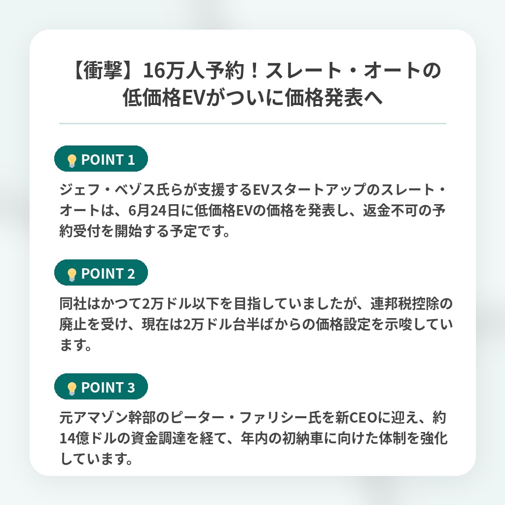 【衝撃】16万人予約！スレート・オートの低価格EVがついに価格発表への注目ポイントまとめ