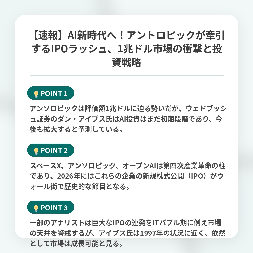 【速報】AI新時代へ!アントロピックが牽引するIPOラッシュ、1兆ドル市場の衝撃と投資戦略の注目ポイントまとめ