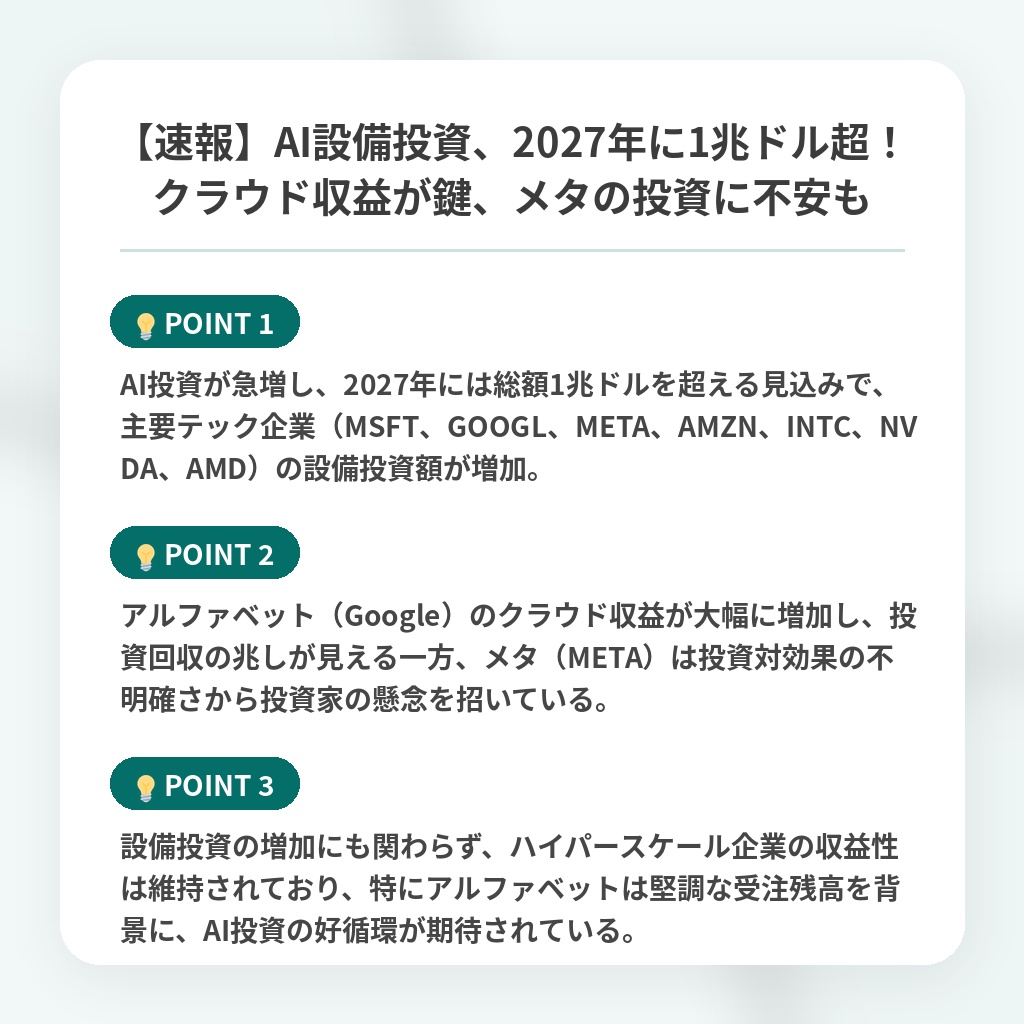 【速報】AI設備投資、2027年に1兆ドル超！クラウド収益が鍵、メタの投資に不安もの注目ポイントまとめ