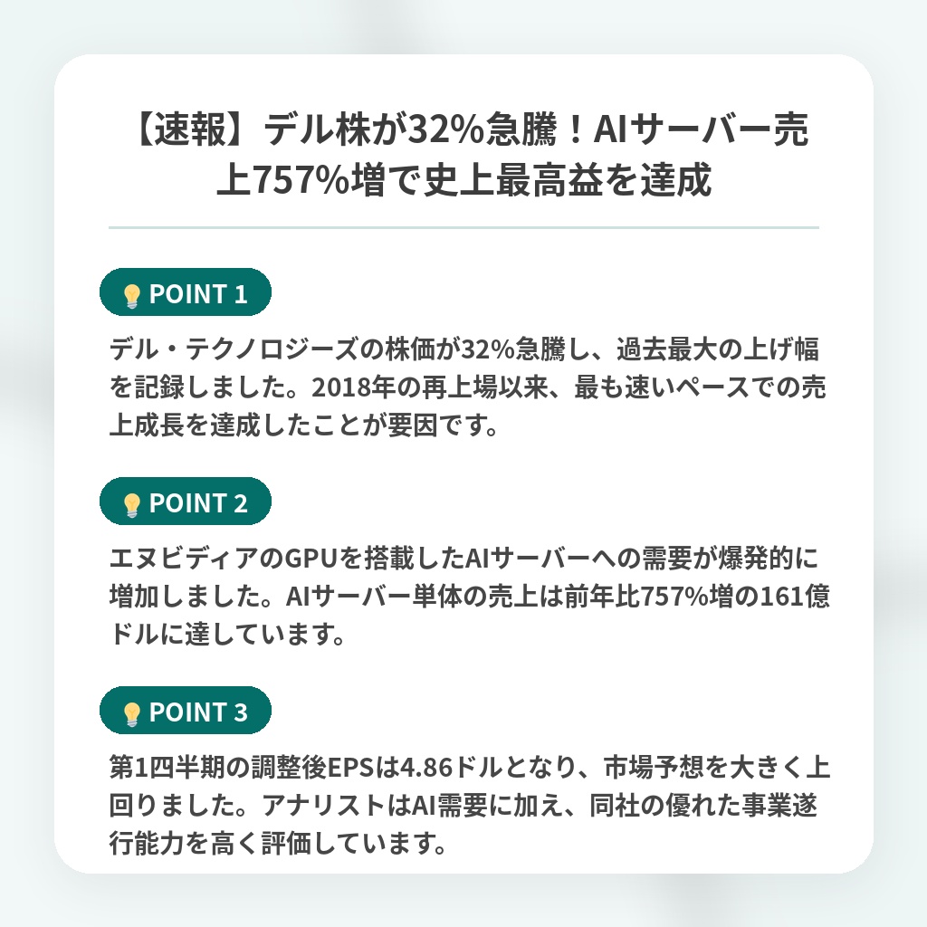 【速報】デル株が32%急騰!AIサーバー売上757%増で史上最高益を達成の注目ポイントまとめ