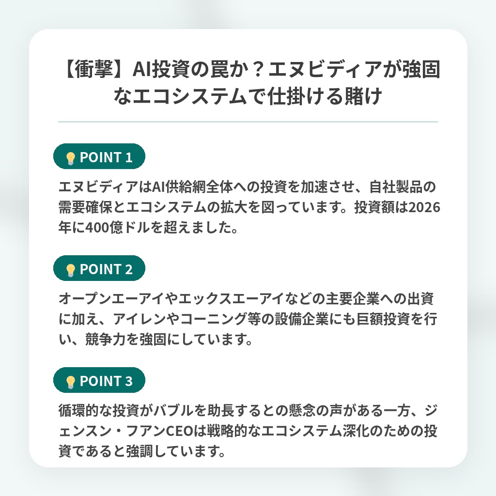 【衝撃】AI投資の罠か？エヌビディアが強固なエコシステムで仕掛ける賭けの注目ポイントまとめ