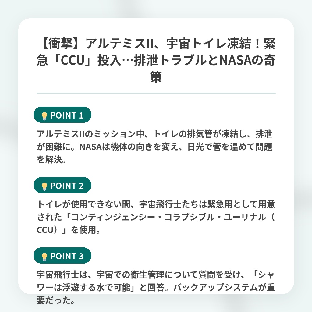 【衝撃】アルテミスII、宇宙トイレ凍結！緊急「CCU」投入…排泄トラブルとNASAの奇策の注目ポイントまとめ