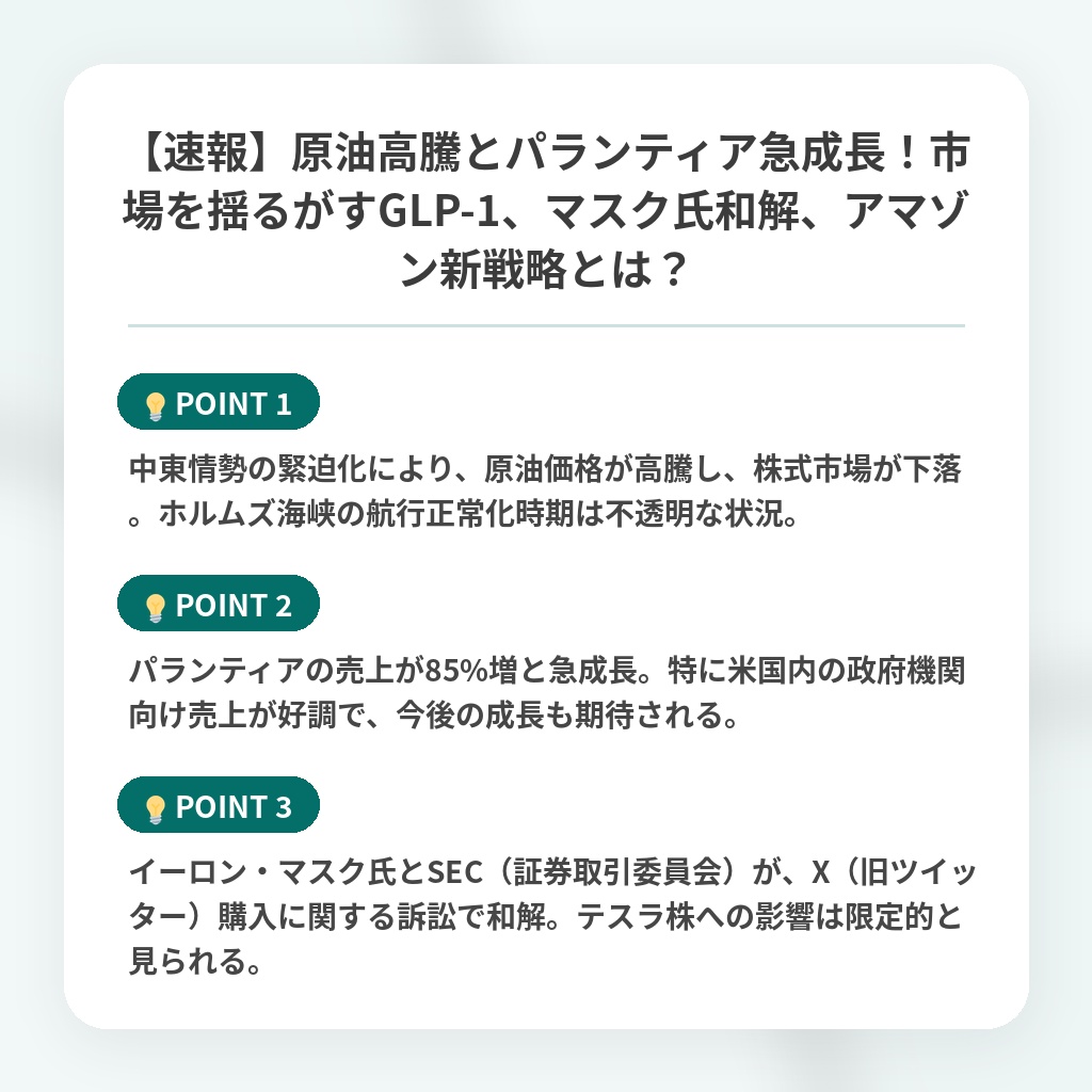 【速報】原油高騰とパランティア急成長！市場を揺るがすGLP-1、マスク氏和解、アマゾン新戦略とは？の注目ポイントまとめ