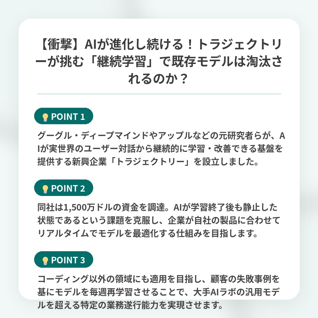 【衝撃】AIが進化し続ける!トラジェクトリーが挑む「継続学習」で既存モデルは淘汰されるのか?の注目ポイントまとめ