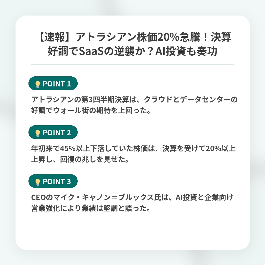 【速報】アトラシアン株価20%急騰！決算好調でSaaSの逆襲か？AI投資も奏功の注目ポイントまとめ