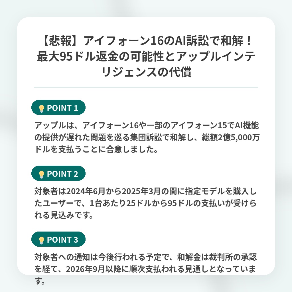 【悲報】アイフォーン16のAI訴訟で和解！最大95ドル返金の可能性とアップルインテリジェンスの代償の注目ポイントまとめ