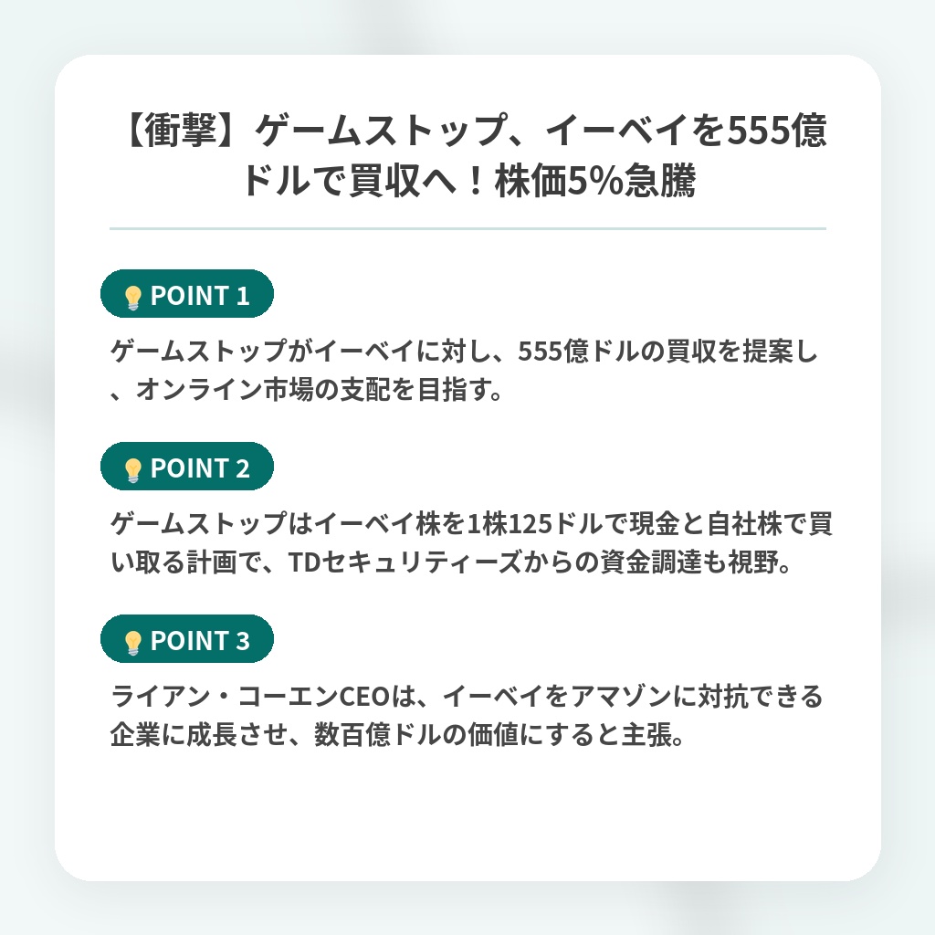 【衝撃】ゲームストップ、イーベイを555億ドルで買収へ！株価5%急騰の注目ポイントまとめ