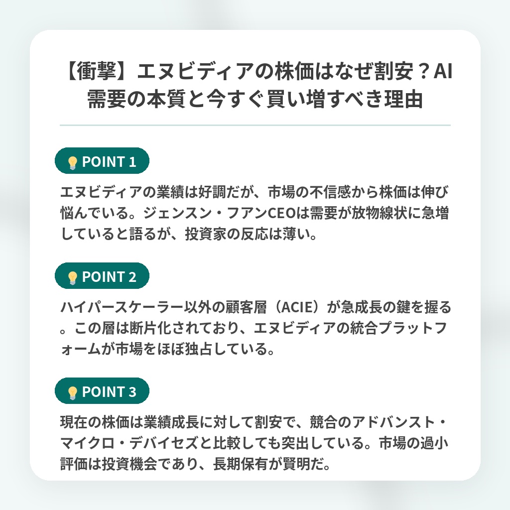 【衝撃】エヌビディアの株価はなぜ割安？AI需要の本質と今すぐ買い増すべき理由の注目ポイントまとめ