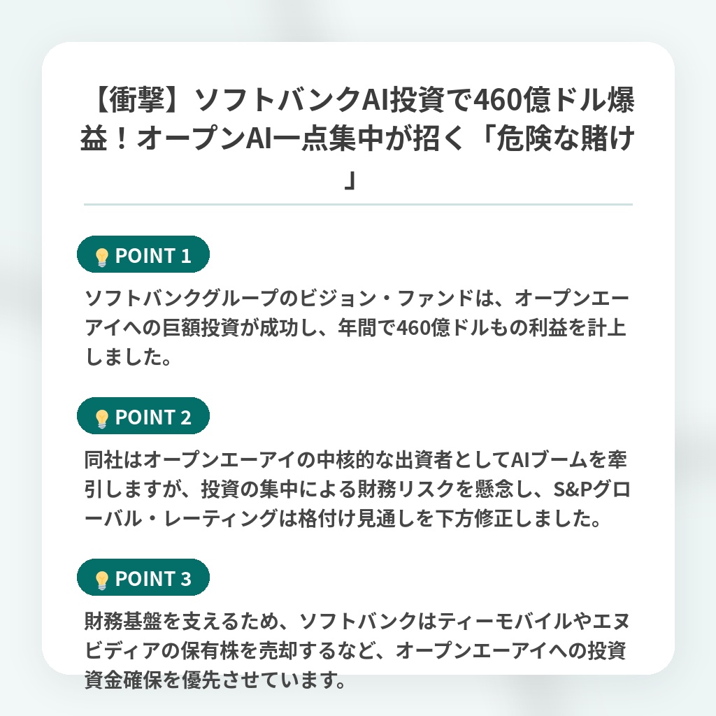 【衝撃】ソフトバンクAI投資で460億ドル爆益！オープンAI一点集中が招く「危険な賭け」の注目ポイントまとめ
