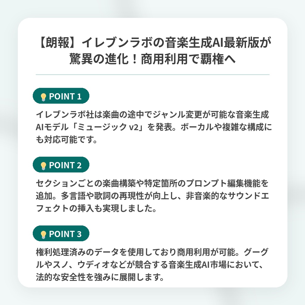 【朗報】イレブンラボの音楽生成AI最新版が驚異の進化!商用利用で覇権への注目ポイントまとめ