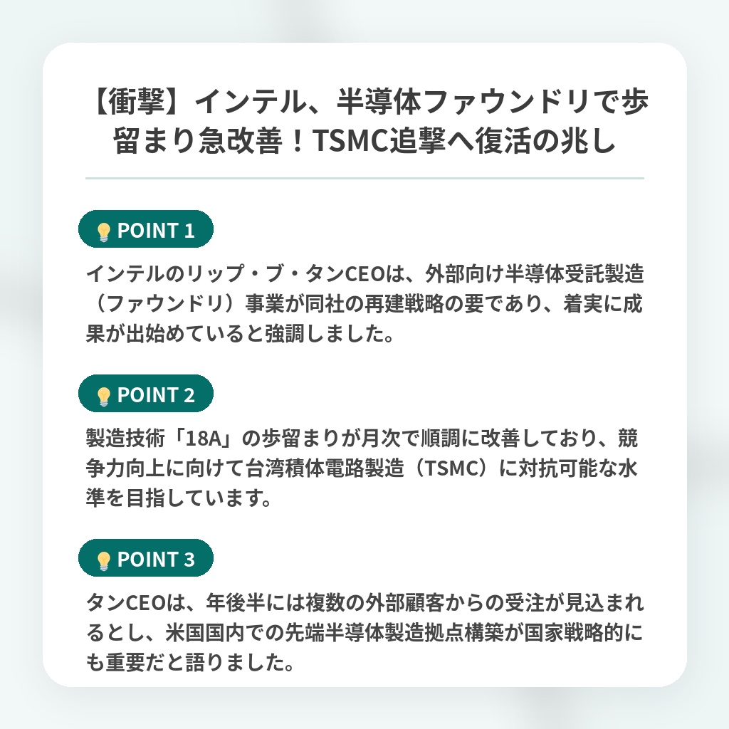 【衝撃】インテル、半導体ファウンドリで歩留まり急改善!TSMC追撃へ復活の兆しの注目ポイントまとめ