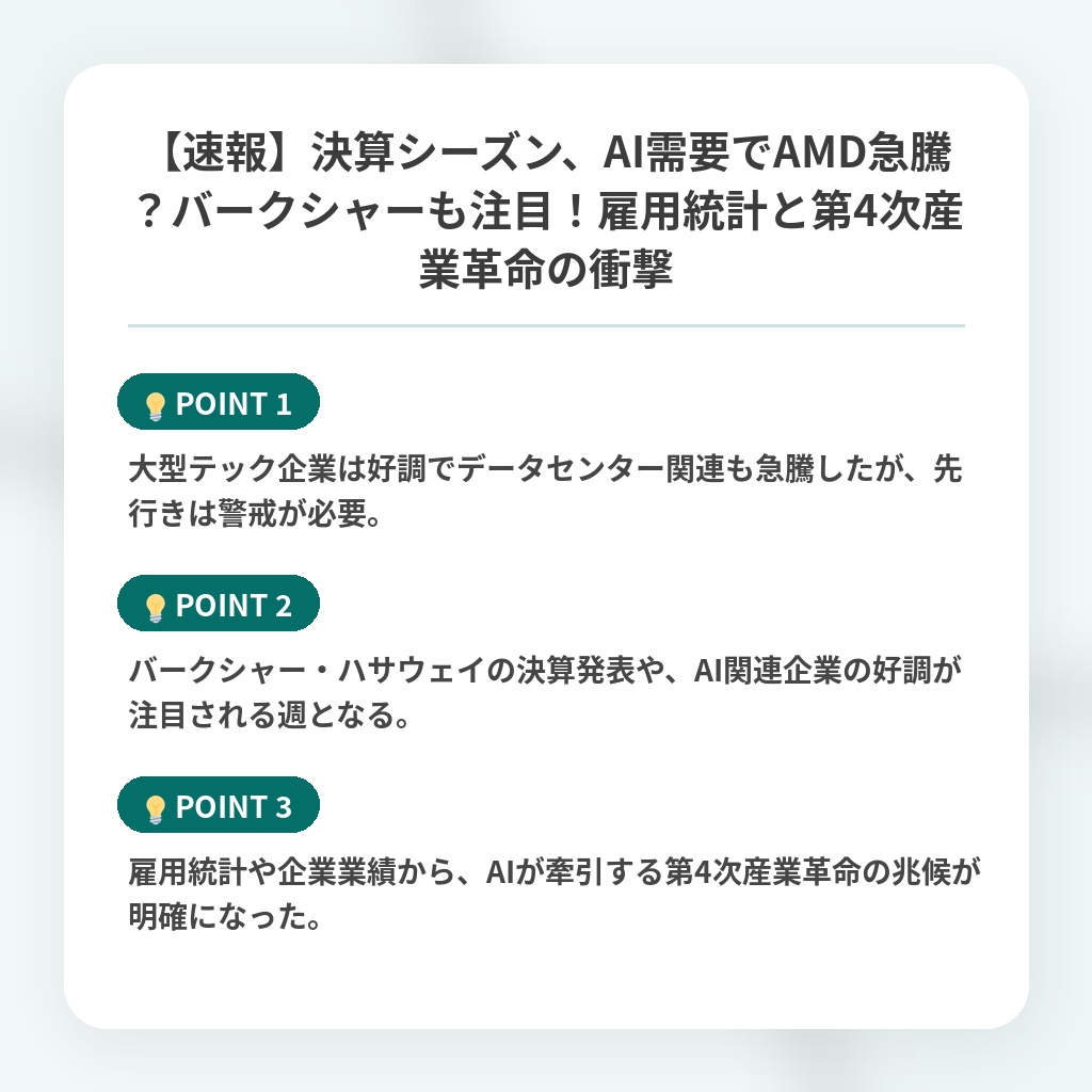 【速報】決算シーズン、AI需要でAMD急騰？バークシャーも注目！雇用統計と第4次産業革命の衝撃の注目ポイントまとめ
