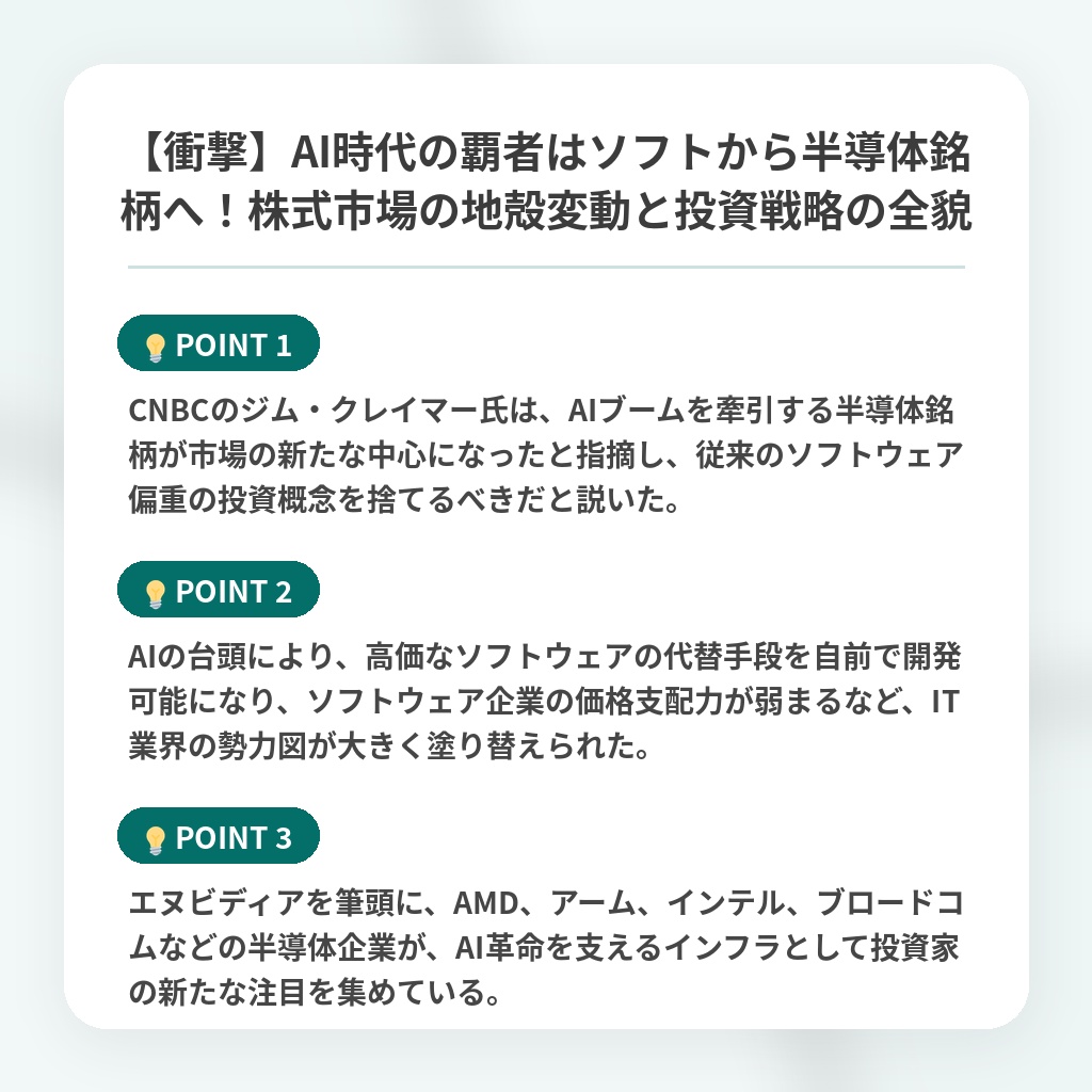 【衝撃】AI時代の覇者はソフトから半導体銘柄へ!株式市場の地殻変動と投資戦略の全貌の注目ポイントまとめ