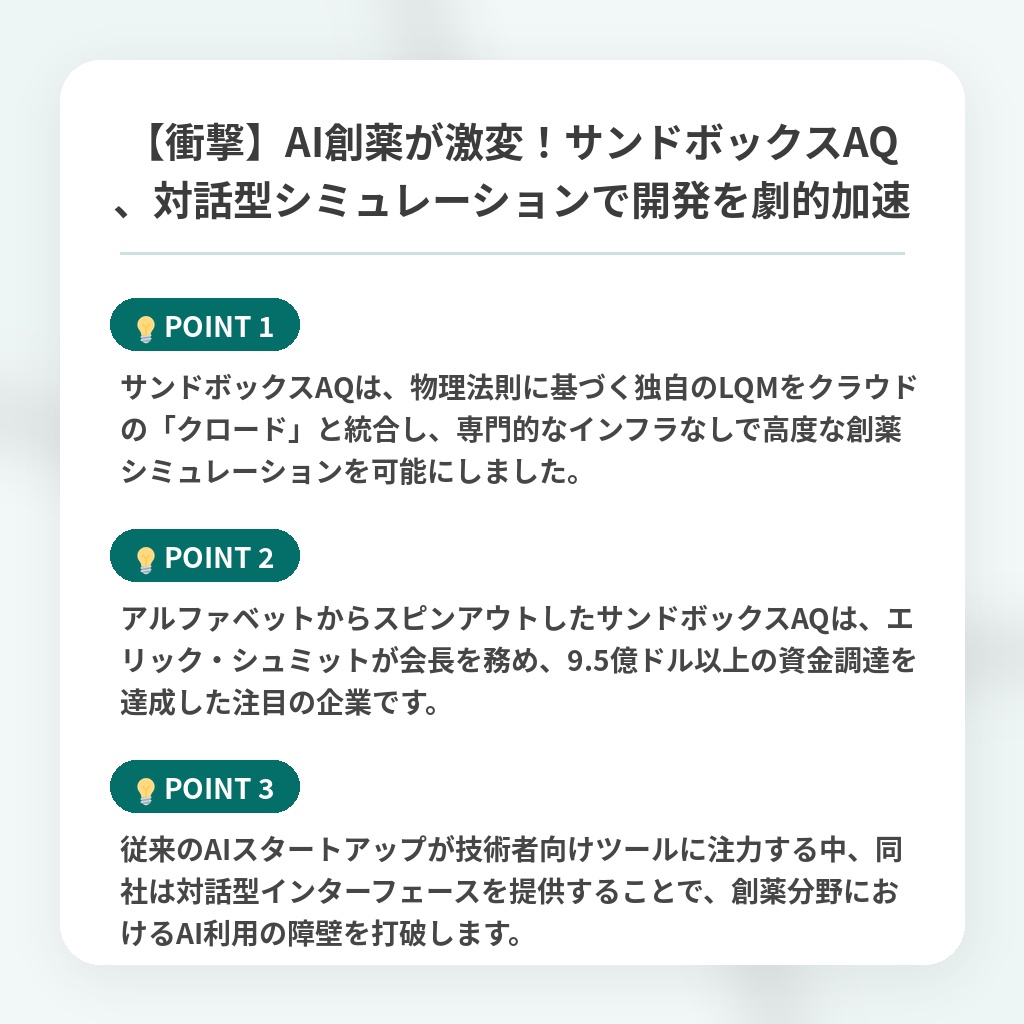 【衝撃】AI創薬が激変!サンドボックスAQ、対話型シミュレーションで開発を劇的加速の注目ポイントまとめ
