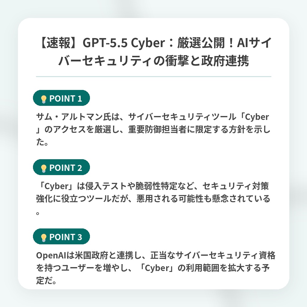 【速報】GPT-5.5 Cyber：厳選公開！AIサイバーセキュリティの衝撃と政府連携の注目ポイントまとめ