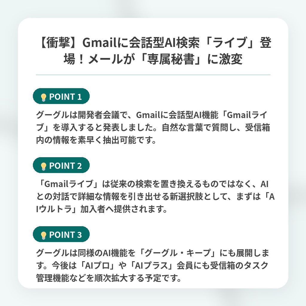 【衝撃】Gmailに会話型AI検索「ライブ」登場!メールが「専属秘書」に激変の注目ポイントまとめ