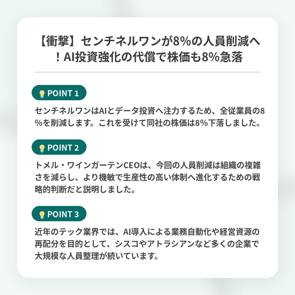【衝撃】センチネルワンが8%の人員削減へ!AI投資強化の代償で株価も8%急落の注目ポイントまとめ