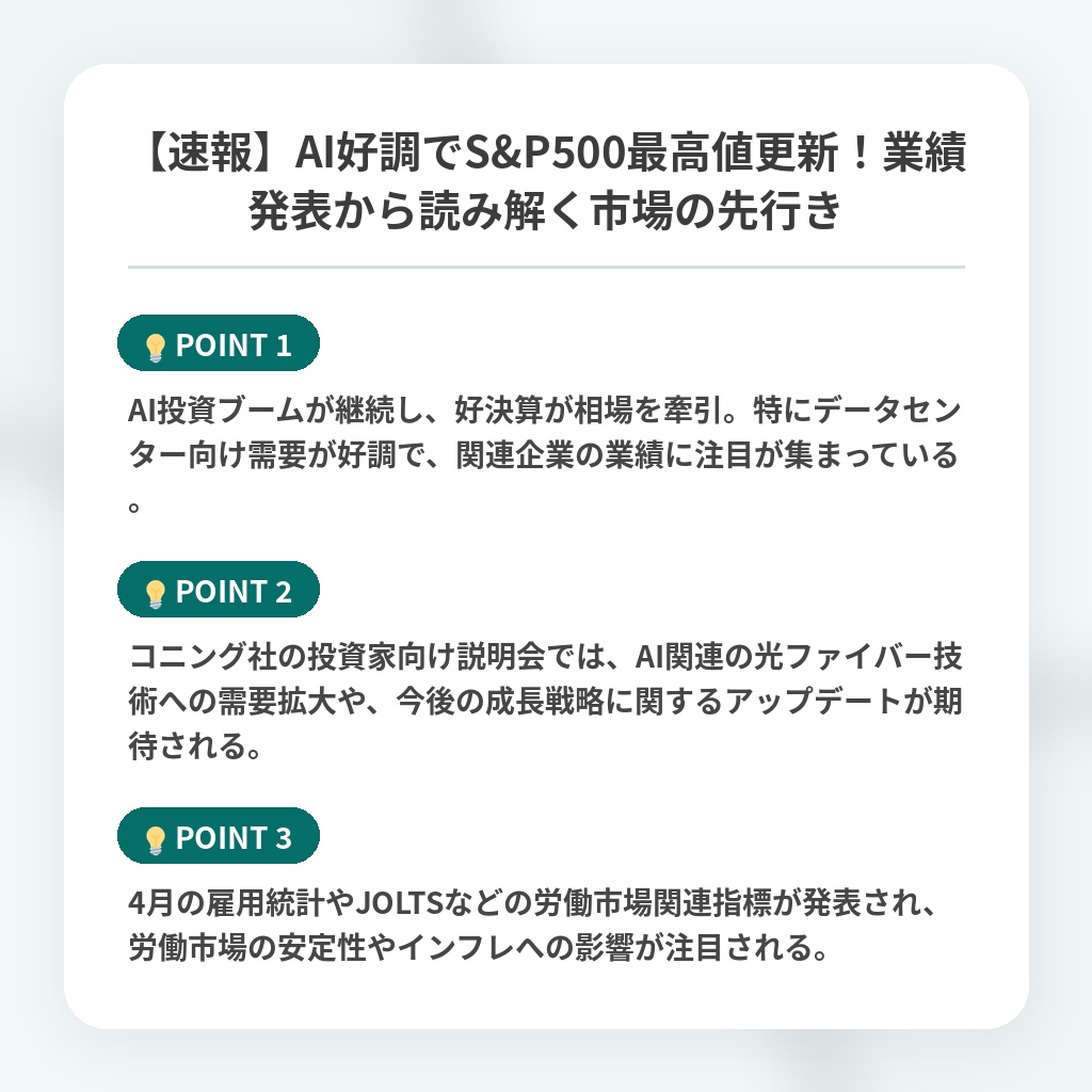 【速報】AI好調でS&P500最高値更新！業績発表から読み解く市場の先行きの注目ポイントまとめ