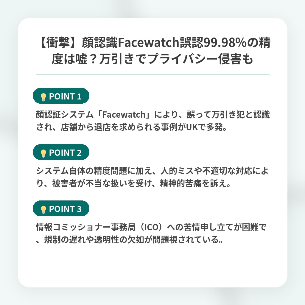 【衝撃】顔認識Facewatch誤認99.98%の精度は嘘？万引きでプライバシー侵害もの注目ポイントまとめ