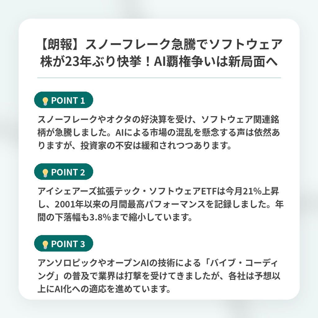 【朗報】スノーフレーク急騰でソフトウェア株が23年ぶり快挙!AI覇権争いは新局面への注目ポイントまとめ