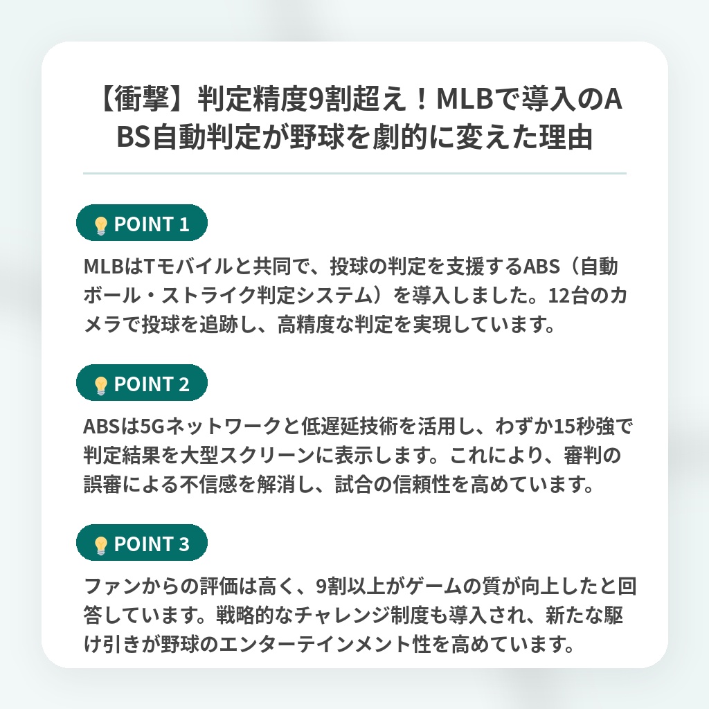 【衝撃】判定精度9割超え！MLBで導入のABS自動判定が野球を劇的に変えた理由の注目ポイントまとめ