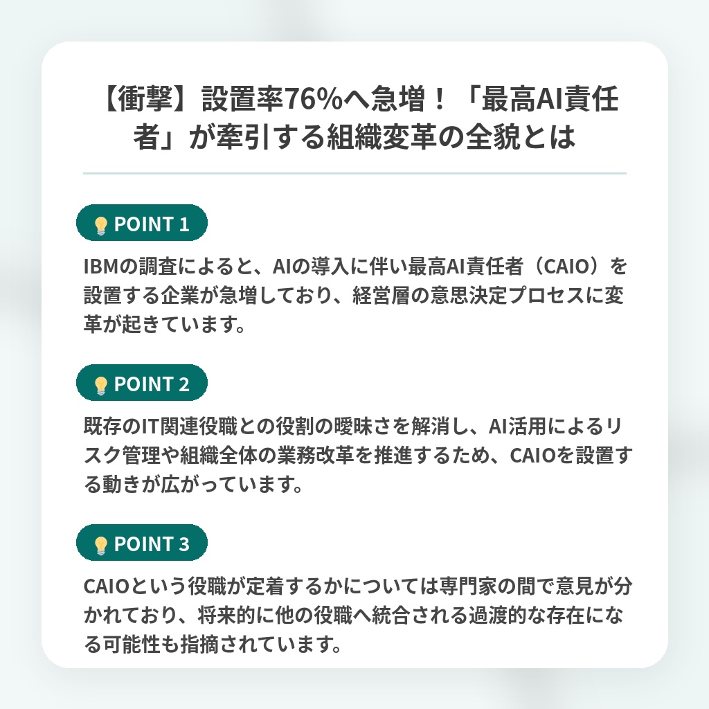 【衝撃】設置率76%へ急増！「最高AI責任者」が牽引する組織変革の全貌とはの注目ポイントまとめ
