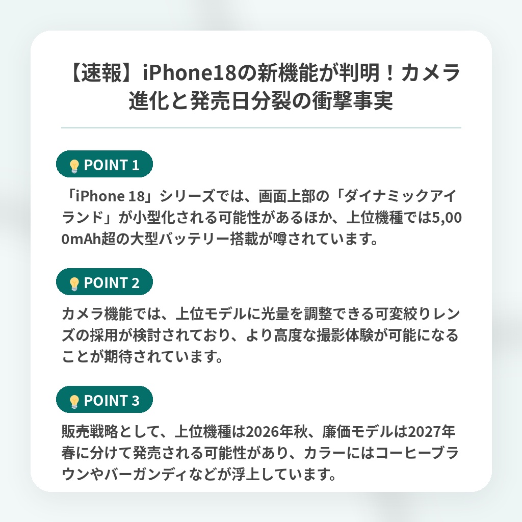 【速報】iPhone18の新機能が判明！カメラ進化と発売日分裂の衝撃事実の注目ポイントまとめ
