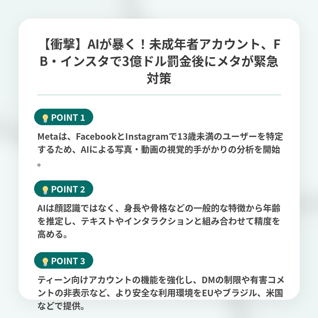 【衝撃】AIが暴く！未成年者アカウント、FB・インスタで3億ドル罰金後にメタが緊急対策の注目ポイントまとめ