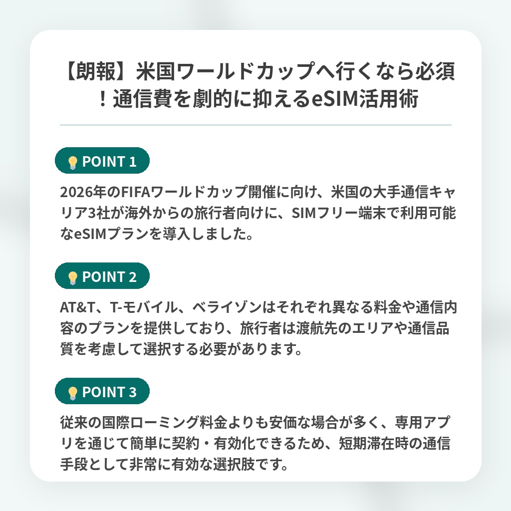 【朗報】米国ワールドカップへ行くなら必須!通信費を劇的に抑えるeSIM活用術の注目ポイントまとめ