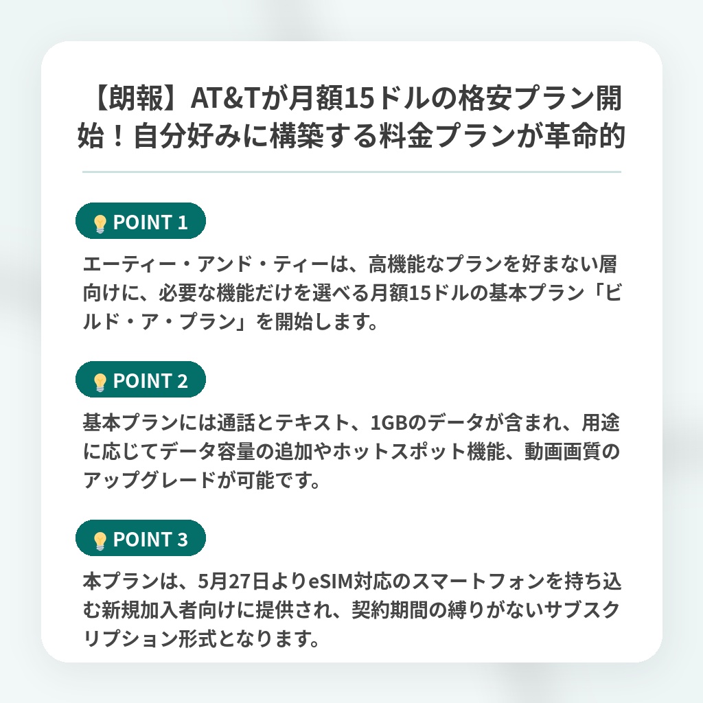 【朗報】AT&Tが月額15ドルの格安プラン開始！自分好みに構築する料金プランが革命的の注目ポイントまとめ