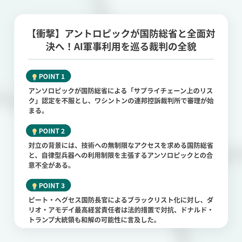 【衝撃】アントロピックが国防総省と全面対決へ！AI軍事利用を巡る裁判の全貌の注目ポイントまとめ