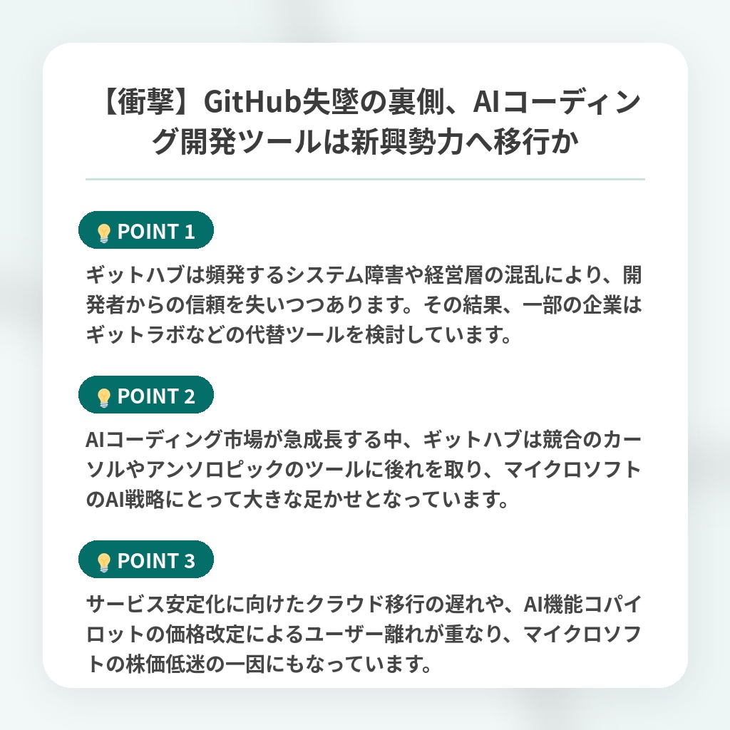 【衝撃】GitHub失墜の裏側、AIコーディング開発ツールは新興勢力へ移行かの注目ポイントまとめ