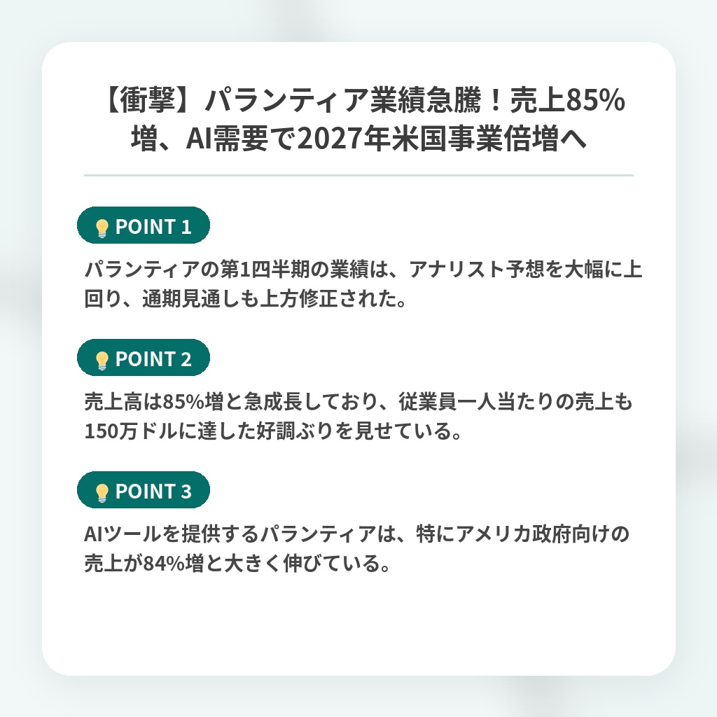 【衝撃】パランティア業績急騰!売上85%増、AI需要で2027年米国事業倍増への注目ポイントまとめ