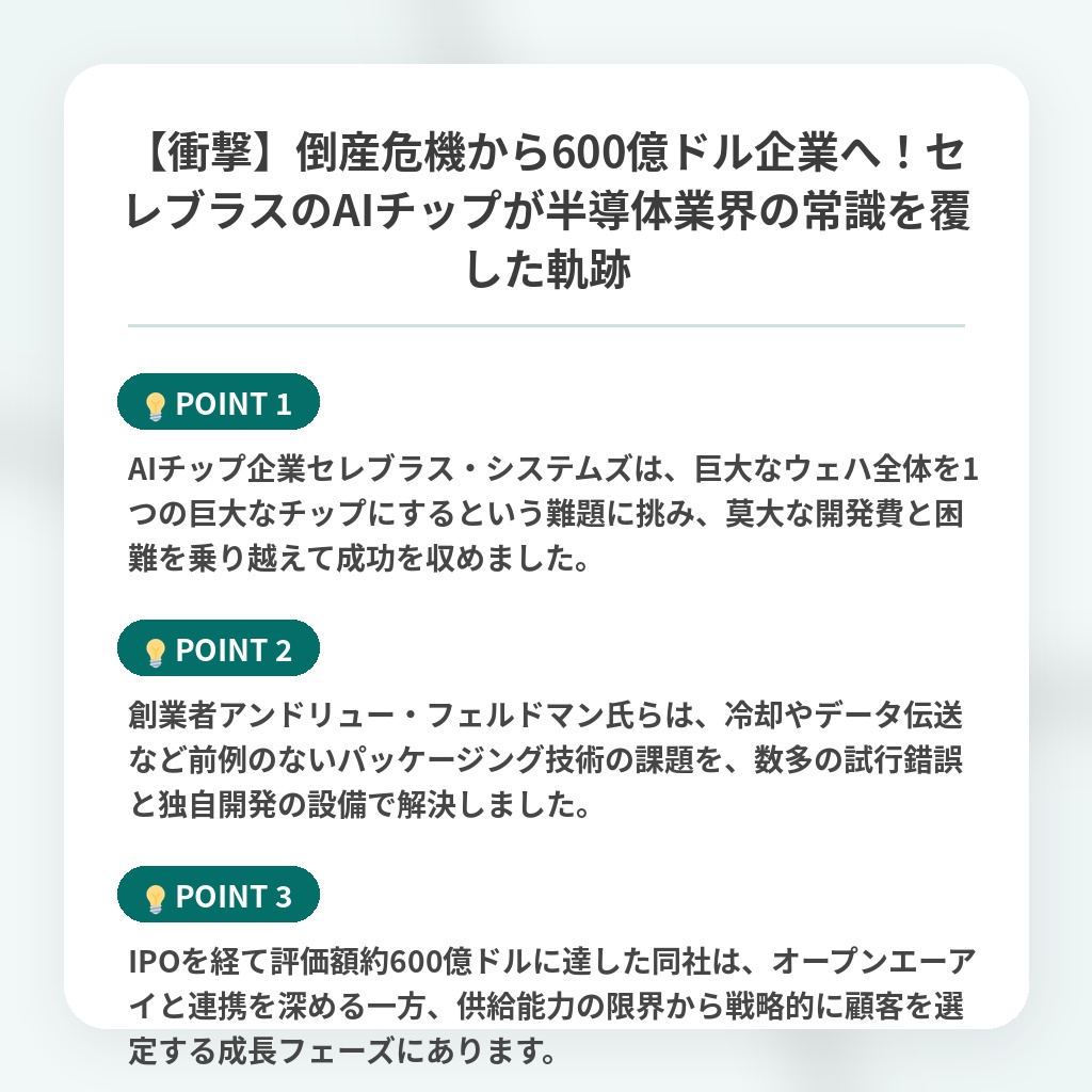 【衝撃】倒産危機から600億ドル企業へ！セレブラスのAIチップが半導体業界の常識を覆した軌跡の注目ポイントまとめ