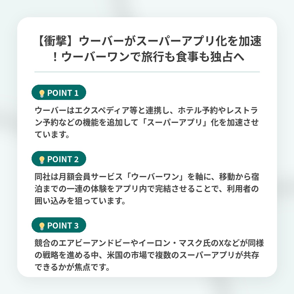 【衝撃】ウーバーがスーパーアプリ化を加速！ウーバーワンで旅行も食事も独占への注目ポイントまとめ